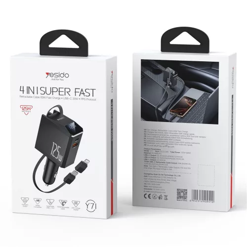 Yesido - 4in1 Car Charger (Y71) - with Type-C Retractable Cable + Lightning Adapter, Dual Port USB-A + Type-C, 125W, LED Display - Black