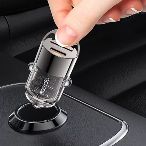Yesido - Hidden Car Charger (Y68) - Dual-Port USB-A + Type-C, PD30W, Aluminum Alloy, Fast Charging - Black