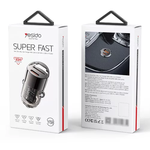 Yesido - Hidden Car Charger (Y68) - Dual-Port USB-A + Type-C, PD30W, Aluminum Alloy, Fast Charging - Black