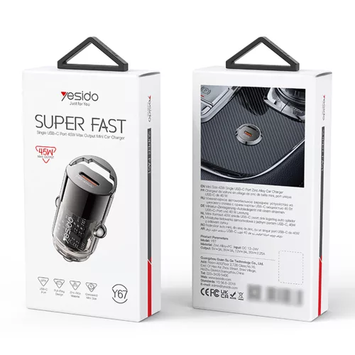 Yesido - Hidden Car Charger (Y67) - Type-C, PD45W, Aluminum Alloy, Super Fast Charging - Black