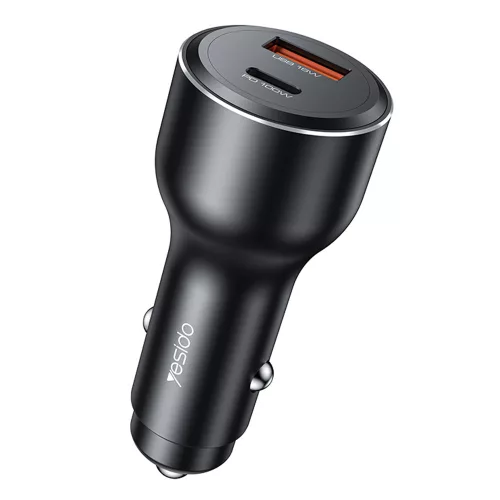 Yesido - Car Charger (Y65) - Dual-Port USB-A + Type-C, PD100W, Aluminum Alloy, Super Fast Charging - Black
