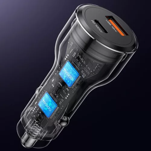 Yesido - Car Charger (Y65) - Dual-Port USB-A + Type-C, PD100W, Aluminum Alloy, Super Fast Charging - Black