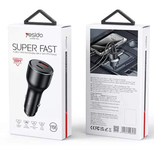 Yesido - Car Charger (Y65) - Dual-Port USB-A + Type-C, PD100W, Aluminum Alloy, Super Fast Charging - Black