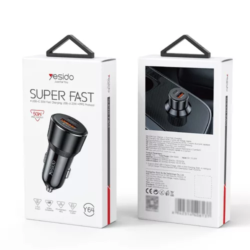 Yesido - Car Charger (Y64) - Dual-Port USB-A + Type-C, 50W, Multi Protection, Fast Charging - Black