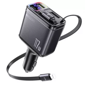   Yesido - 4in1 Car Charger (Y63) - with 2x Retractable Cable, LED Ambient Light, Fast Charging, 117W - Grey