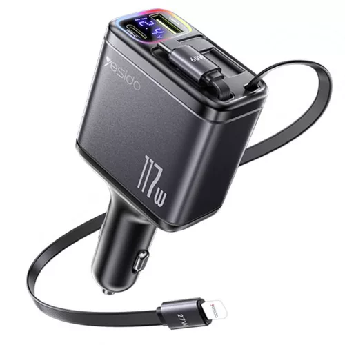 Yesido - 4in1 Car Charger (Y63) - with 2x Retractable Cable, LED Ambient Light, Fast Charging, 117W - Grey