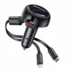 Yesido - Car Charger (Y61) - with 2x Telescopic Retractable Cable Type-C/Lightning, Fast Charging, USB-A, 53W - Black