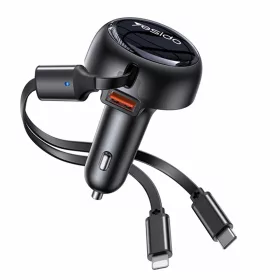   Yesido - Car Charger (Y61) - with 2x Telescopic Retractable Cable Type-C/Lightning, Fast Charging, USB-A, 53W - Black