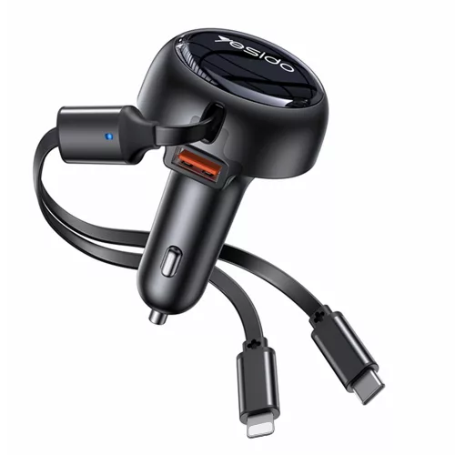 Yesido - Car Charger (Y61) - with 2x Telescopic Retractable Cable Type-C/Lightning, Fast Charging, USB-A, 53W - Black