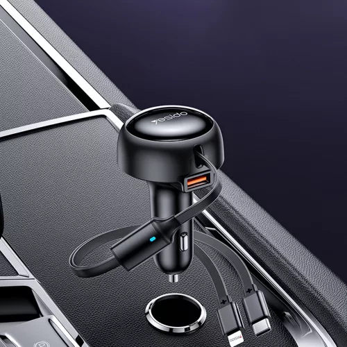 Yesido - Car Charger (Y61) - with 2x Telescopic Retractable Cable Type-C/Lightning, Fast Charging, USB-A, 53W - Black