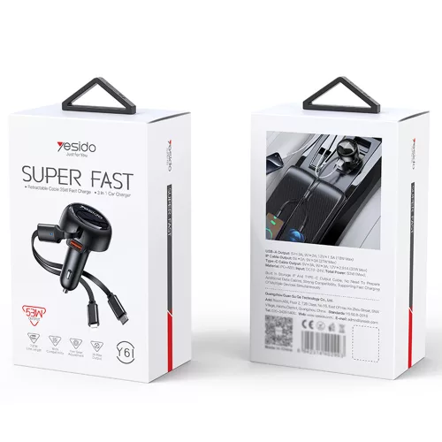 Yesido - Car Charger (Y61) - with 2x Telescopic Retractable Cable Type-C/Lightning, Fast Charging, USB-A, 53W - Black