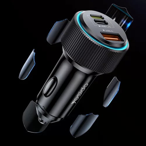 Yesido - Car Charger (Y60) - Cable Type-C to Lightning Included, Lightning/USB-A/USB-C Ports, 38W, Fast Charging - Black