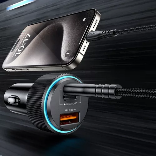 Yesido - Car Charger (Y60) - Cable Type-C to Lightning Included, Lightning/USB-A/USB-C Ports, 38W, Fast Charging - Black
