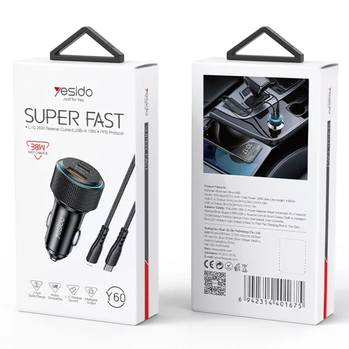 Yesido - Car Charger (Y60) - Cable Type-C to Lightning Included, Lightning/USB-A/USB-C Ports, 38W, Fast Charging - Black