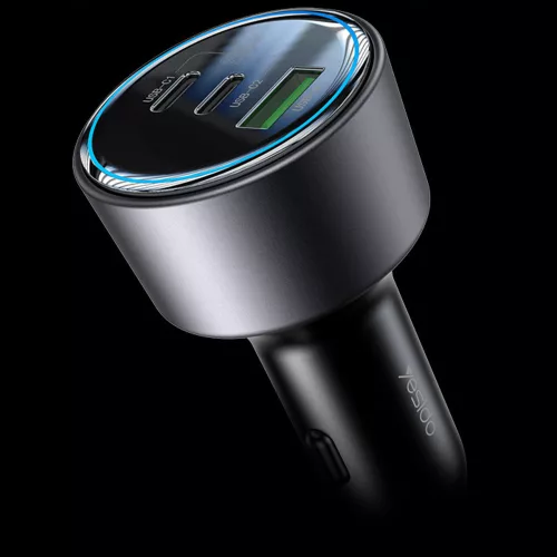 Yesido - Car Charger (Y59) - 2x Type-C, USB-A, 200W, Fast Charging, Multi Protection, Built-in Colorful Light - Black