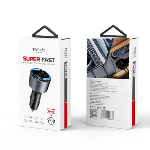 Yesido - Car Charger (Y59) - 2x Type-C, USB-A, 200W, Fast Charging, Multi Protection, Built-in Colorful Light - Black