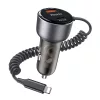 Yesido - Car Charger (Y57) - with Lightning Spring Cable, Type-C/USB-A Ports, 50W, Fast Charging - Black