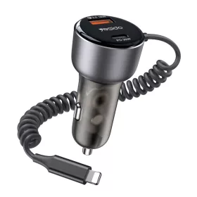   Yesido - Car Charger (Y57) - with Lightning Spring Cable, Type-C/USB-A Ports, 50W, Fast Charging - Black