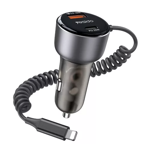 Yesido - Car Charger (Y57) - with Lightning Spring Cable, Type-C/USB-A Ports, 50W, Fast Charging - Black