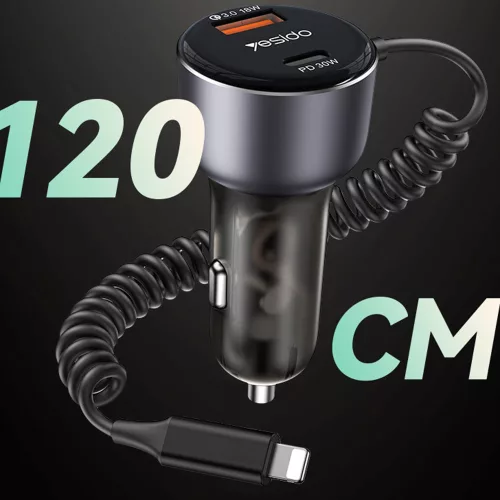 Yesido - Car Charger (Y57) - with Lightning Spring Cable, Type-C/USB-A Ports, 50W, Fast Charging - Black