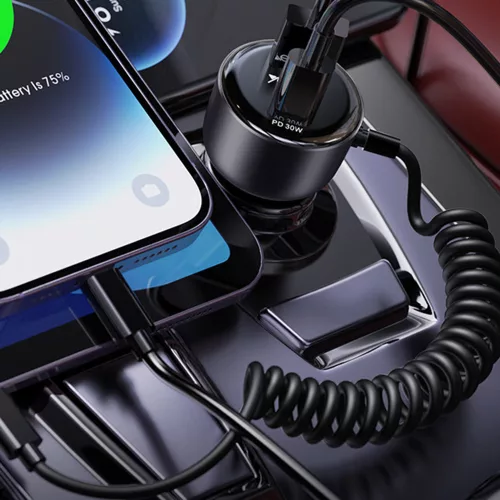 Yesido - Car Charger (Y57) - with Lightning Spring Cable, Type-C/USB-A Ports, 50W, Fast Charging - Black