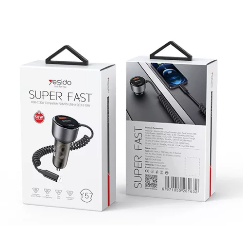 Yesido - Car Charger (Y57) - with Lightning Spring Cable, Type-C/USB-A Ports, 50W, Fast Charging - Black