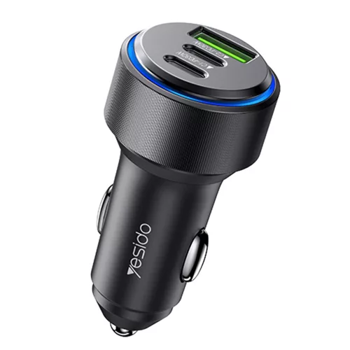 Yesido - Car Charger (Y50) - 2x Type-C, USB, Fast Charging, 60W, LED Lamp Ring, Intelligent Temperature Control Chip - Black