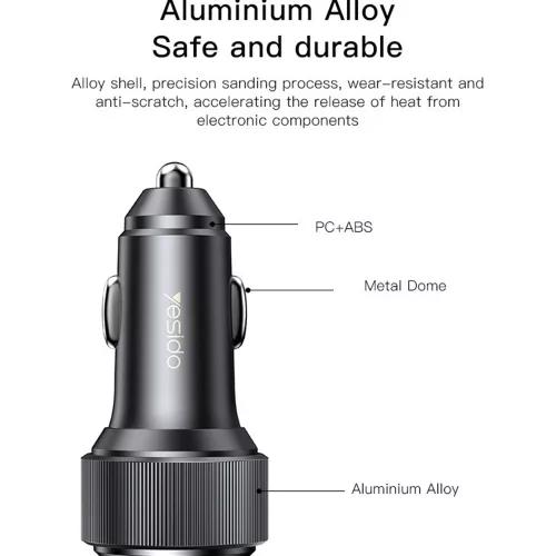 Yesido - Car Charger (Y50) - 2x Type-C, USB, Fast Charging, 60W, LED Lamp Ring, Intelligent Temperature Control Chip - Black