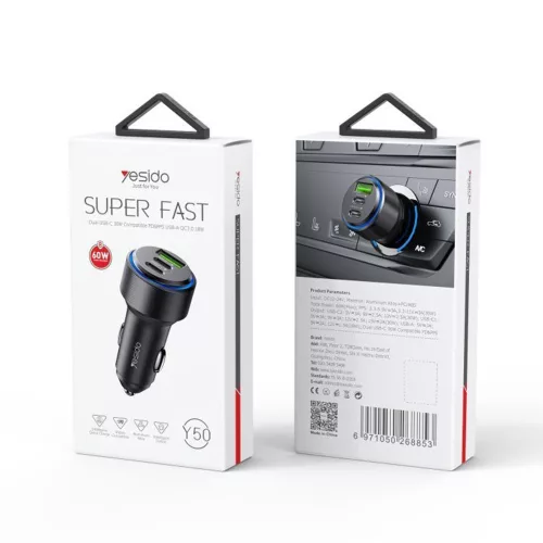 Yesido - Car Charger (Y50) - 2x Type-C, USB, Fast Charging, 60W, LED Lamp Ring, Intelligent Temperature Control Chip - Black