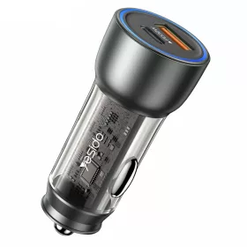   Yesido - Car Charger (Y49) - USB-A, Type-C, LED Light Effect, Fast Charging, 30W - Grey