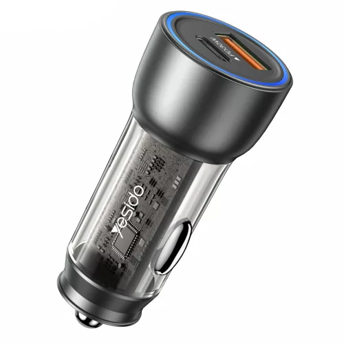 Yesido - Car Charger (Y49) - USB-A, Type-C, LED Light Effect, Fast Charging, 30W - Grey