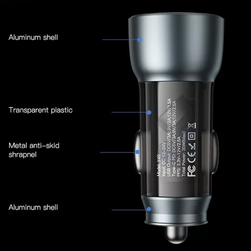 Yesido - Car Charger (Y49) - USB-A, Type-C, LED Light Effect, Fast Charging, 30W - Grey