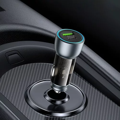 Yesido - Car Charger (Y49) - USB-A, Type-C, LED Light Effect, Fast Charging, 30W - Grey