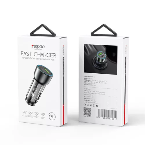 Yesido - Car Charger (Y49) - USB-A, Type-C, LED Light Effect, Fast Charging, 30W - Grey