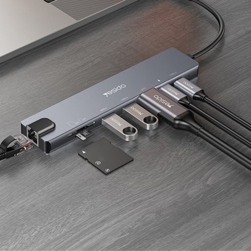 Yesido - Docking Station 8in1 (HB27) - Type-C to 2x USB, 2x USB-C, HDMI, RJ45, TF/SD, PD100W, Fast Charge, 4K@30Hz - Gray