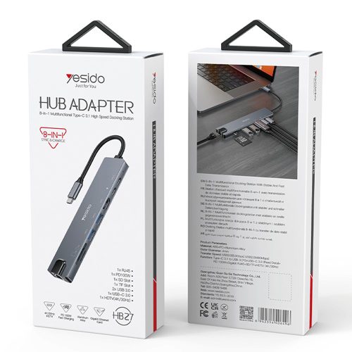 Yesido - Docking Station 8in1 (HB27) - Type-C to 2x USB, 2x USB-C, HDMI, RJ45, TF/SD, PD100W, Fast Charge, 4K@30Hz - Gray