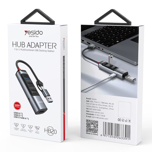 Yesido - Docking Station 5in1 (HB20) - USB, Type-C to 4x USB, USB-C, PD100W, Fast Charge, Plug & Play, 5Gbps - Gray