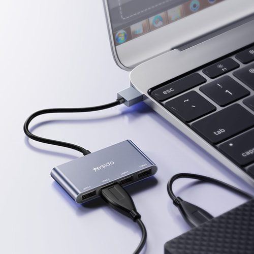 Yesido - Docking Station 4in1 (HB12) - USB to 4x USB, Plug & Play, 480Mbps, 15cm - Gray