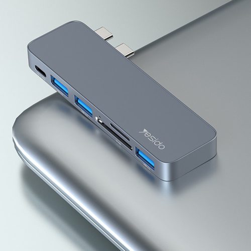 Yesido - Docking Station 6in1 (HB10) - 2x Type-C to 3x USB, USB-C, SD/TF, 6in1 Splitter, Fast Charging, 96W, 5Gbps - Gray