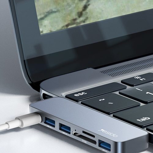 Yesido - Docking Station 6in1 (HB10) - 2x Type-C to 3x USB, USB-C, SD/TF, 6in1 Splitter, Fast Charging, 96W, 5Gbps - Gray