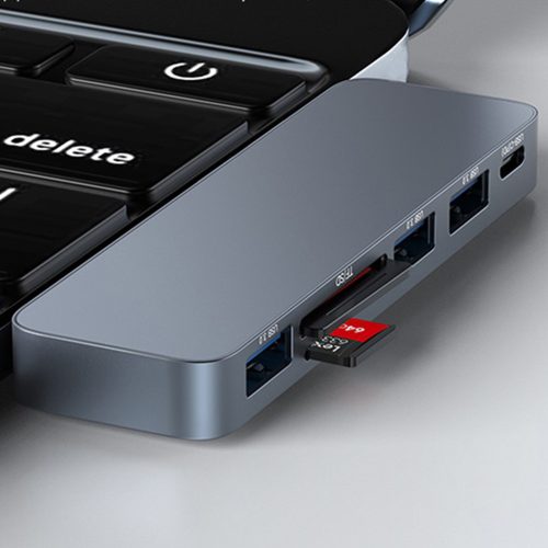 Yesido - Docking Station 6in1 (HB10) - 2x Type-C to 3x USB, USB-C, SD/TF, 6in1 Splitter, Fast Charging, 96W, 5Gbps - Gray