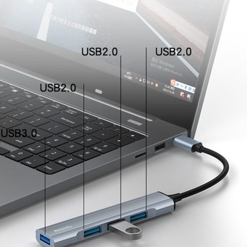 Yesido - Docking Station 4in1 (HB17) - Type-C to 1x USB3.0, 3x USB2.0, Plug&Play, 5Gbps, Aluminum Alloy - Gray