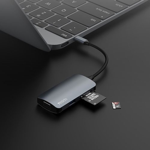 Yesido - Docking Station 7in1 (HB16) - Type-C to 1x USB3.0, 2x USB2.0, TF/SD Card, 1x VGA, 1x Type-C, 5Gbps, PD100W  - Gray