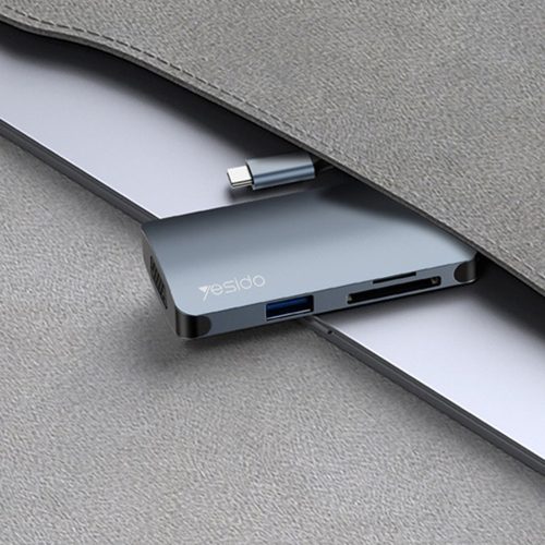 Yesido - Docking Station 7in1 (HB16) - Type-C to 1x USB3.0, 2x USB2.0, TF/SD Card, 1x VGA, 1x Type-C, 5Gbps, PD100W  - Gray
