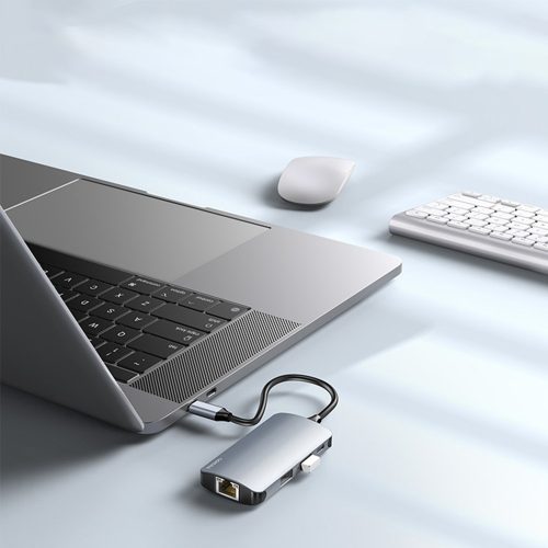 Yesido - Docking Station (HB15) - Type-C to 2x USB, USB-C, SD/TF Card, RJ45, 1000Mbps, Plug & Play - Gray