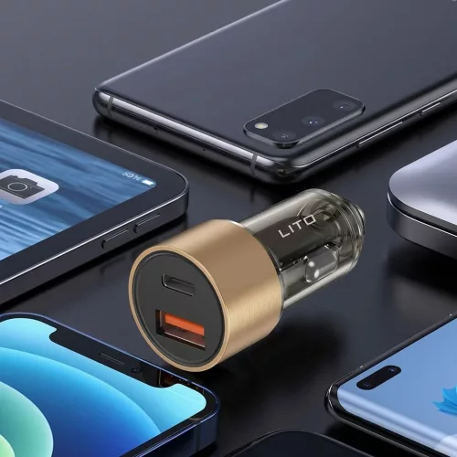 Lito - Car Charger (IN-C04) - 1x USB, 1x Type-C, 52W, Fast Charging, Ultra-Mini & Sleek Design, Universal - Black
