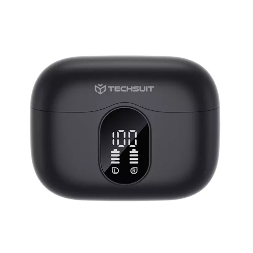 Techsuit - Prémium vezeték nélküli fülhallgató WaveBeat 100 (CW3) - Bluetooth V5.4, 300mAh, ANC, ENC, 4 mikrofon - fekete