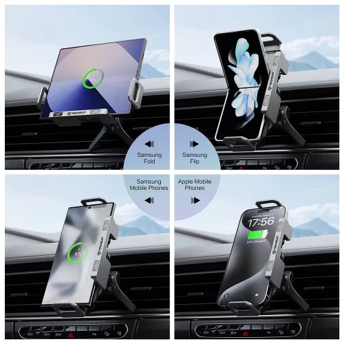 Techsuit - Premium Autós tartó vezeték nélküli töltéssel ModoDock (SW1) - Szellőzőrácsra, 90° Intelligent forgás, 15W - Black