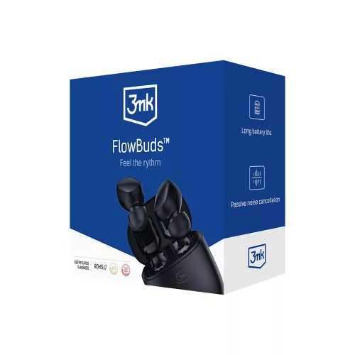 3mk - Vezeték nélküli fejhallgató FlowBuds - Bluetooth V5.3, Hi-Fi hangminőség, passzív zajszűrés, érintésvezérlés - fekete