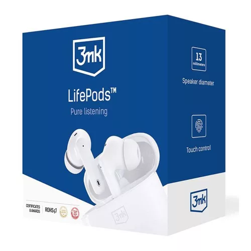 3mk - Vezeték nélküli fülhallgató LifePods - Bluetooth V5.3, ANC technológia, érintésvezérlés - fehér